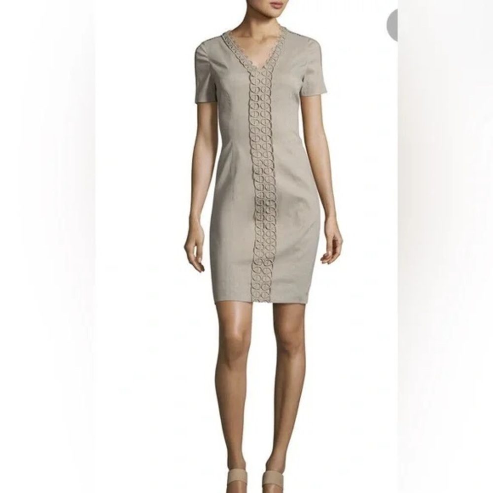 Elie Tahari Loretta Beige Embroidered V-Neck Sheath Dress – Size 16